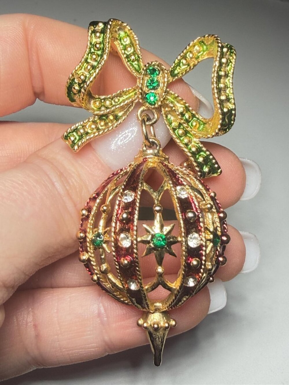 Christmas Ornament Brooch Articulated Bow Rhinestones Vintage